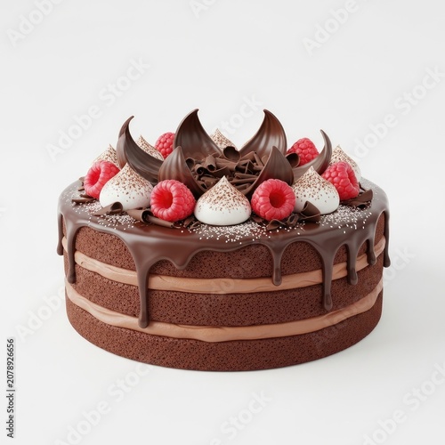 Decadent Chocolate Cake with Raspberries and Cream on White Background.