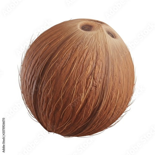 Single Whole Coconut with Hairy Brown Husk Isolated on White Background.