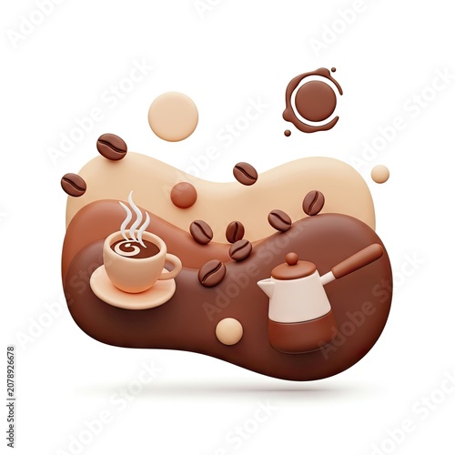3D Rendered Coffee Concept with Beans, Cup, and Pot on Abstract Background.