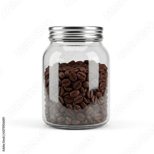 Glass Jar Filled with Roasted Coffee Beans on White Background.