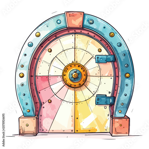 A colorful cartoon style vault door with rivets and mechanical details.