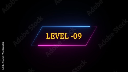 Level 09 text with neon geometric frame on black background number nine