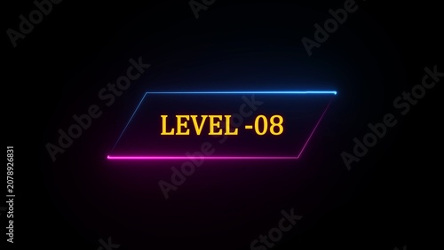 Level 08 text with neon geometric frame on black background number eight