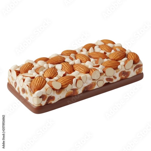 Delicious Almond Nougat Bar with White Chocolate Base on a White Background.