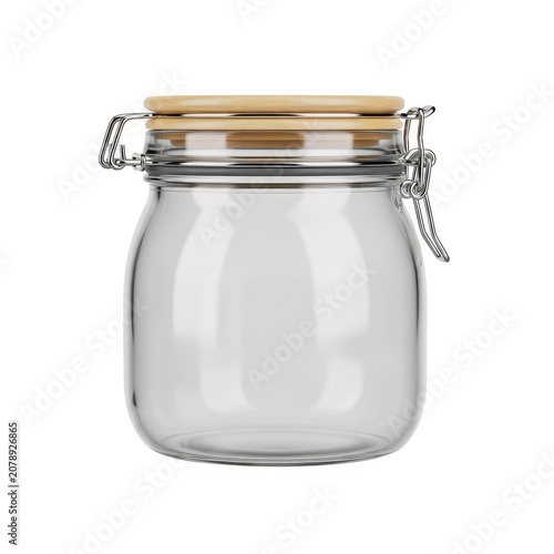 Empty Glass Jar with Wooden Lid and Metal Clasp on White Background.