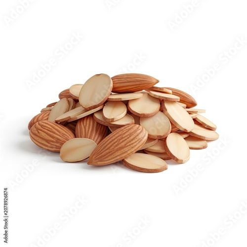 Pile of whole and sliced almonds on a white background.