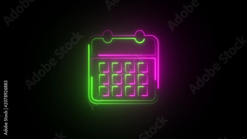 Neon calendar icon with grid of squares glowing green and pink on black background date schedule