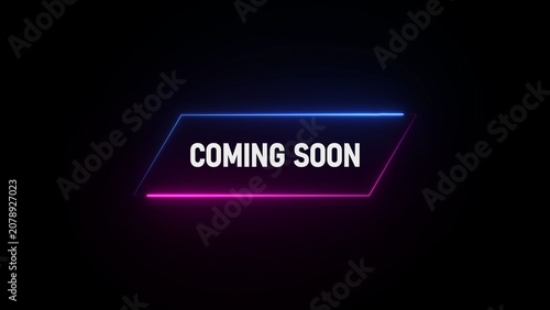 Neon glowing text COMINGSON inside a geometric shape with blue and pink lights on a black background