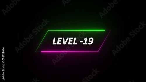 Neon glowing text LEVEL -19 inside a geometric shape on a black background level nineteen