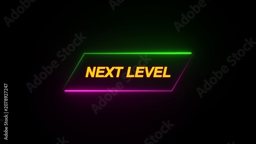 Neon sign with text NEXTLEVEL in yellow against a black background with a green and pink border