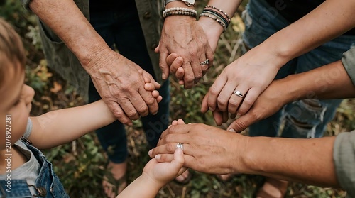 Generations holding hands in circle diverse family connection unity