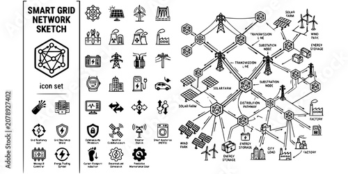 Smart Energy Grid Network Sketch Black White-Transmission Line Substation Node-Energy Network Vector-Grid Icon Sketch-Smart Grid Design Set