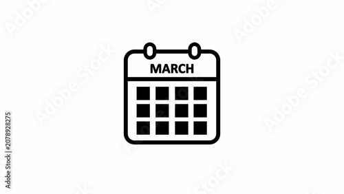 Simple black and white icon of a calendar displaying the month of March date planner