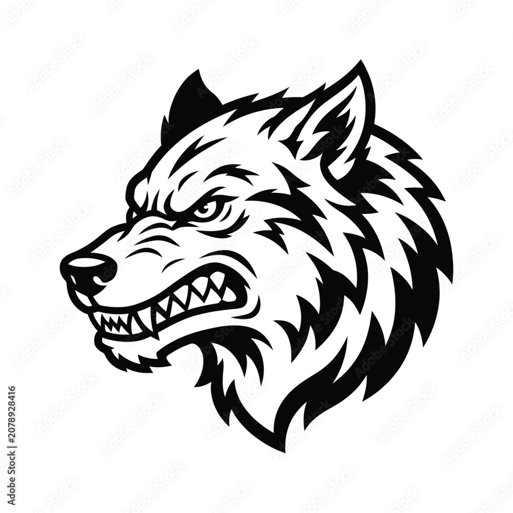 Obraz premium An angry wolf head illustration shows sharp teeth and furious expression