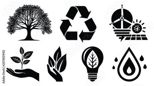 Sustainability icon collection with trees and green energy elements