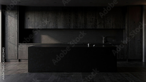 Dark Modern Kitchen Island in Minimalist Studio