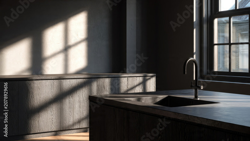 Sunlit Modern Kitchen Sink with Shadowed Wall Panels