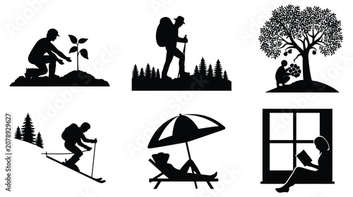 Sustainability silhouette set showcasing outdoor activities and nature