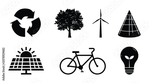 Sustainability icon collection featuring bicycle and renewable energy