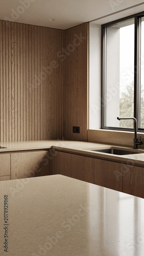 Modern Kitchen Corner with Wood Paneling and Large Window