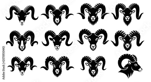 Obraz na plátně Ram and mountain goat head icons with curved horns in black