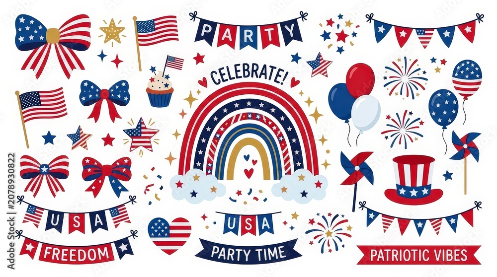 Obraz premium Patriotic 4th of july party celebration elements with american flag rainbow