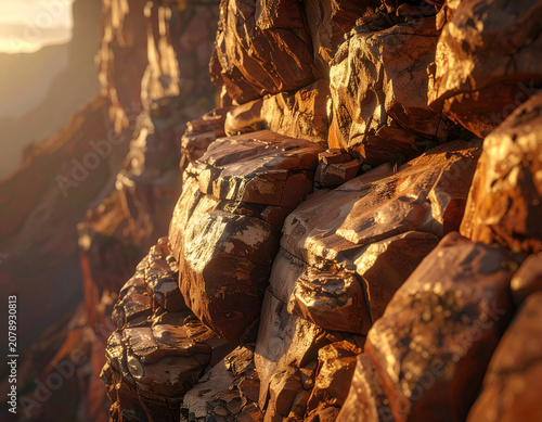 Close-up of sunlit red rock formations at sunset.