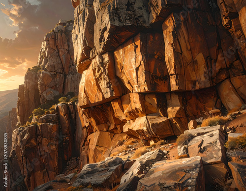 Majestic Grand Canyon Rock Formations Bathed in Golden Hour Sunlight.