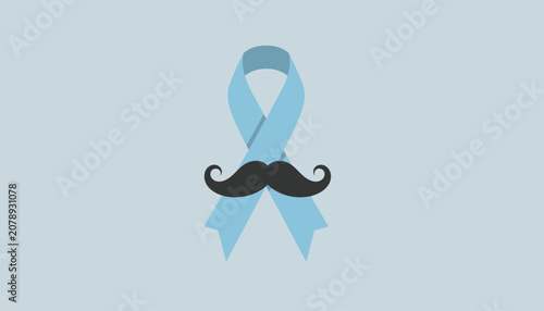 Blue awareness ribbon decorated with a black mustache to represent prostate cancer awareness and Movember support.