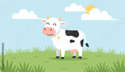 Cute happy cartoon cow chewing a blade of grass in a green meadow field under a sunny sky with soft white clouds.