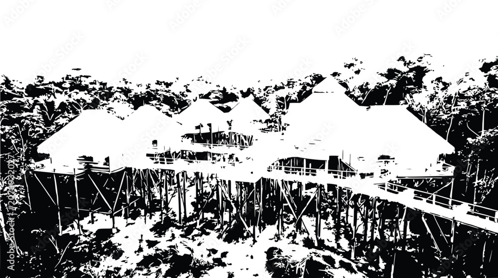 Obraz premium Stilted Tropical Resort Buildings Amidst Lush Jungle Canopy - High Contrast Black and White