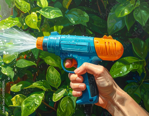 Hand holding a blue and orange water gun spraying water in front of green leaves.