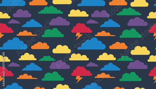 Seamless weather pattern displays colorful cartoon clouds with occasional lightning bolts on a dark blue background.