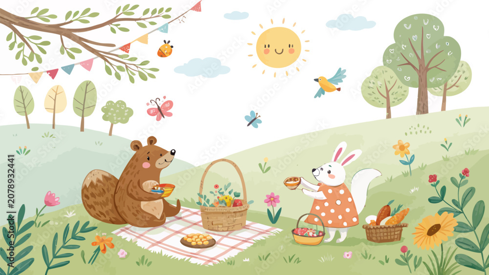 Obraz premium Whimsical cartoon animals enjoy a cheerful outdoor picnic with fresh produce and flowers in a sunny meadow