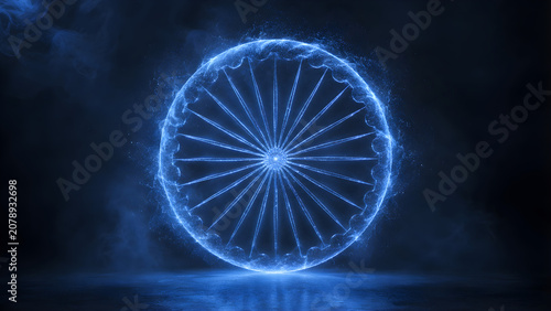 Glowing blue ashoka chakra symbol with energy particles