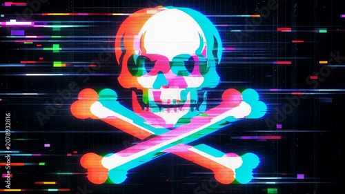 Glitch skull with crossed bones digital cyber warning symbol abstract technology background illustration art