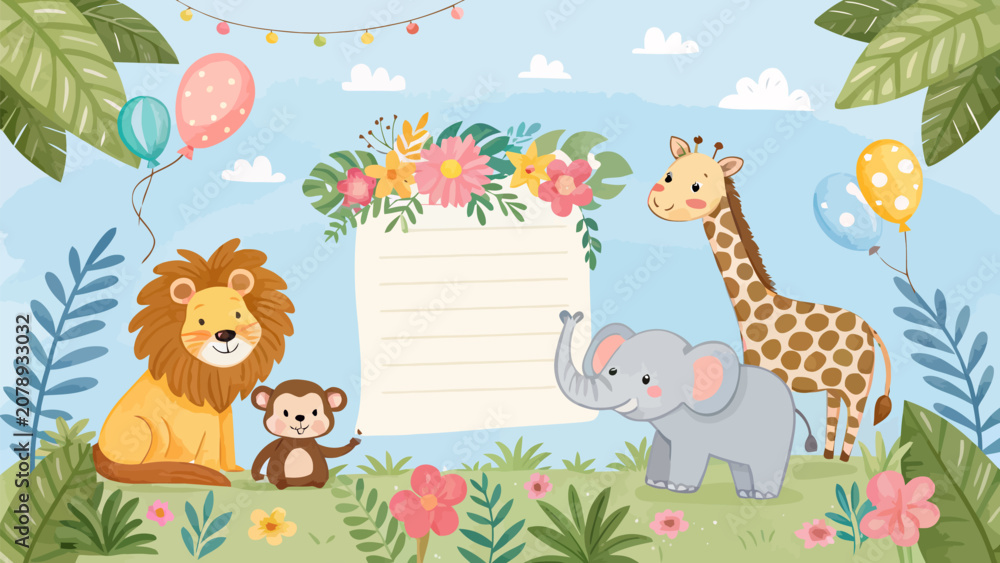 Naklejka premium Whimsical cartoon animals celebrate a joyful birthday party with balloons