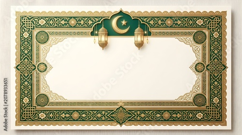 A luxurious Islamic invitation frame featuring intricate green and gold floral patterns, glowing lanterns, and a crescent moon with space for custom text.