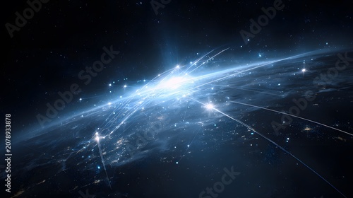 Abstract blue light streaks and particles in deep space.
