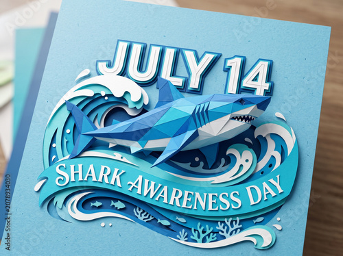 July 14 Shark Awareness Day Geometric Low Poly Shark Papercraft Layout