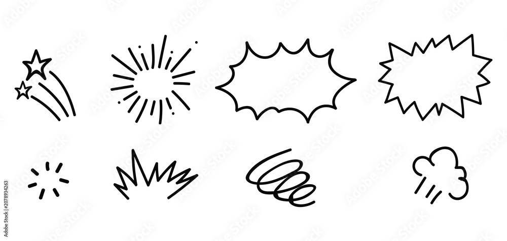Fototapeta premium Hand Drawn Comic Doodle Elements Set with Speech Bubble Burst and Sketch Effects