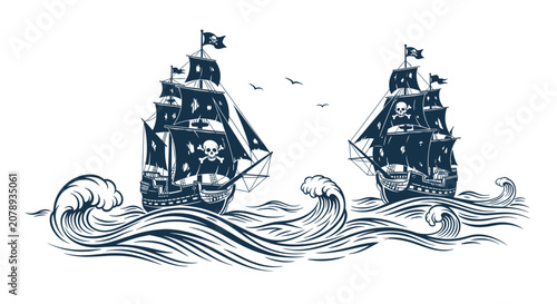 Photos Pirate ships sailing on stormy ocean waves with skull flags