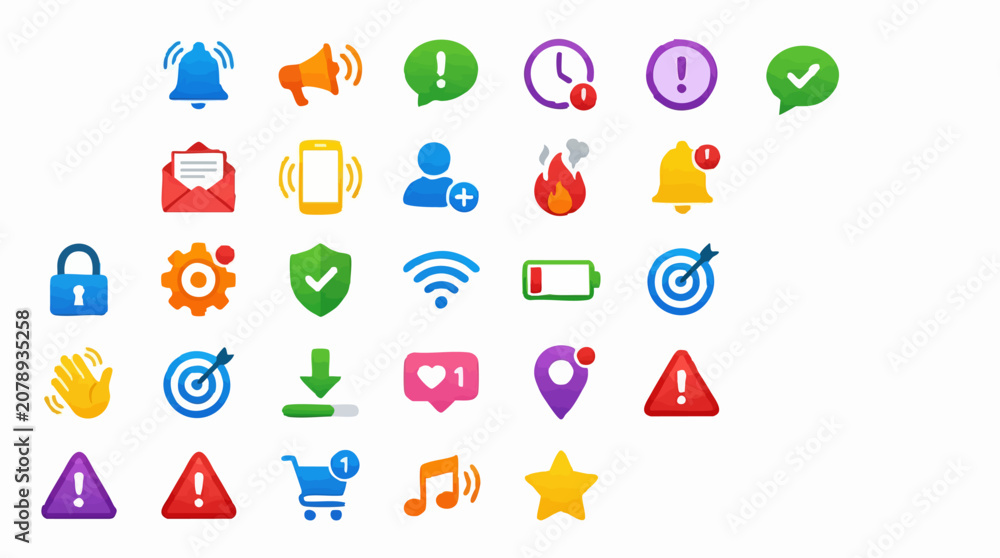 Fototapeta premium Colorful UI/UX icon set for notifications, alerts, and mobile app interfaces