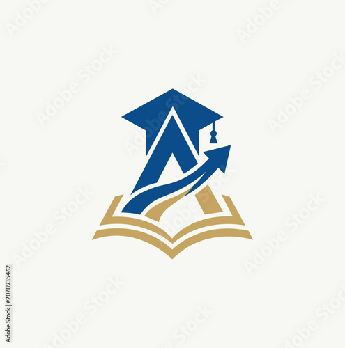 Modern educational letter A logo with cap and book icon.