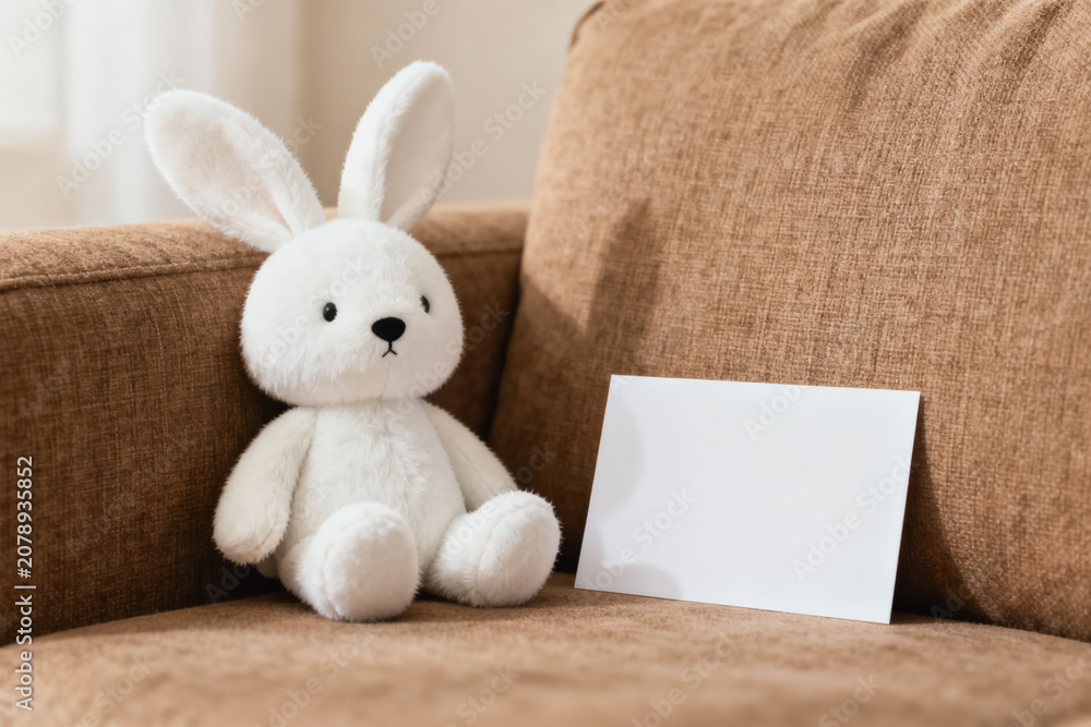 Fototapeta premium A white plush rabbit toy sits beside a blank white card on a brown fabric sofa in a cozy indoor setting.