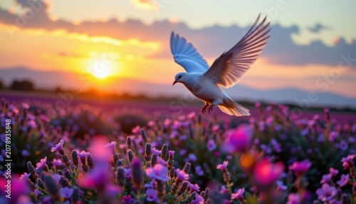 A single white dove flying gracefully above a calm lavender field during golden hour
