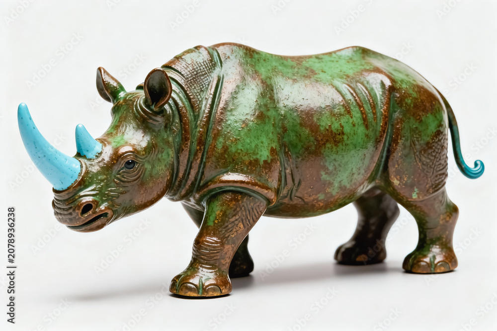 Fototapeta premium A detailed bronze rhinoceros sculpture with turquoise horns, displayed against a plain white background, showcasing artistic craftsmanship.