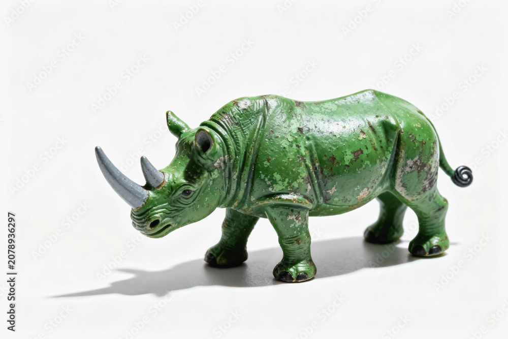 Fototapeta premium A weathered green rhinoceros toy figurine with grey horns, placed on a plain white background.