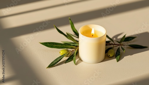 A single ivory candle placed on smooth natural stone beside fresh olive leaves