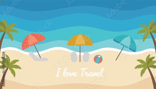 Sunny tropical beach scene displays three colorful umbrellas and palm trees under the text saying I love travel.